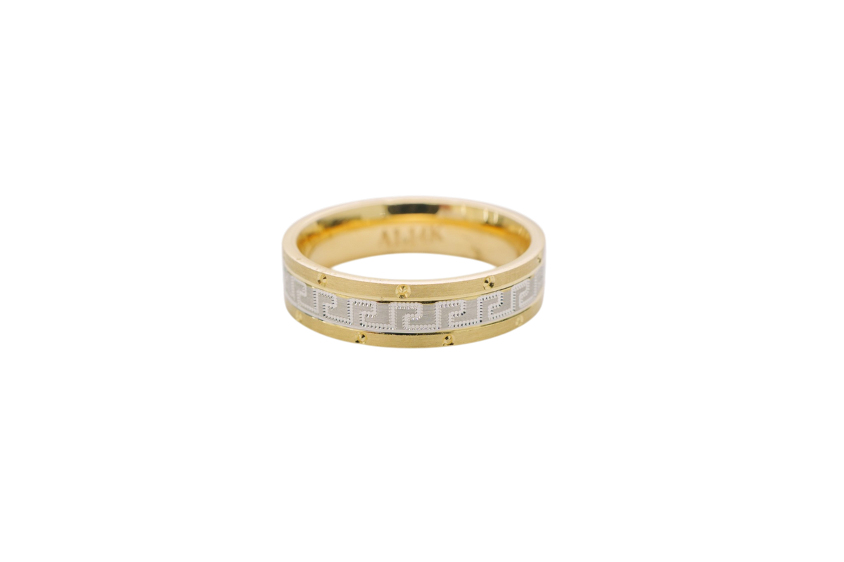 14KT Gold Ring Unisex Solid Flat Two Tone Greek White Gold Center with Designer Screw Border 6mm