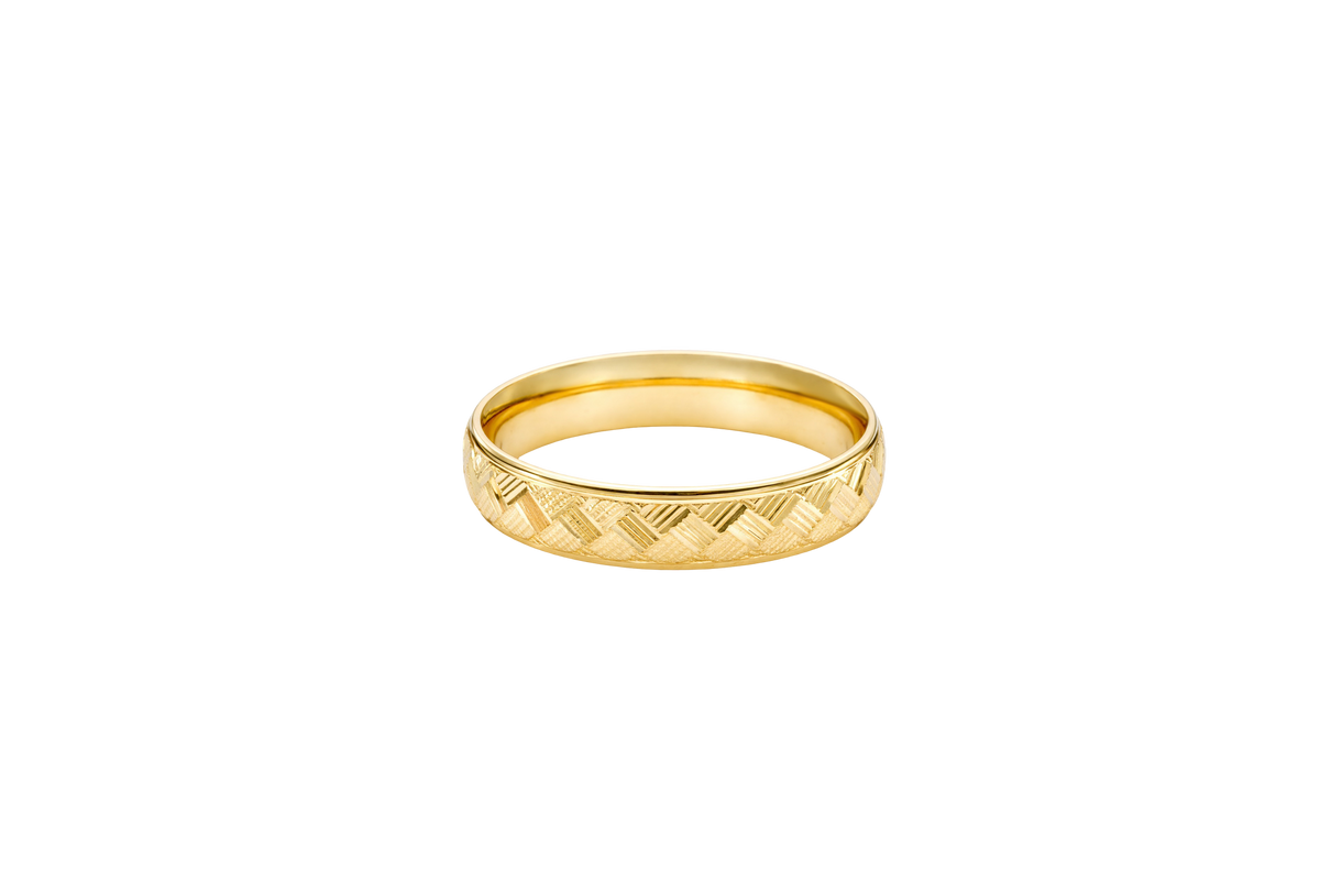 14KT Gold Ring Unisex Solid Domed Parquet Print Plain Border Band 8mm