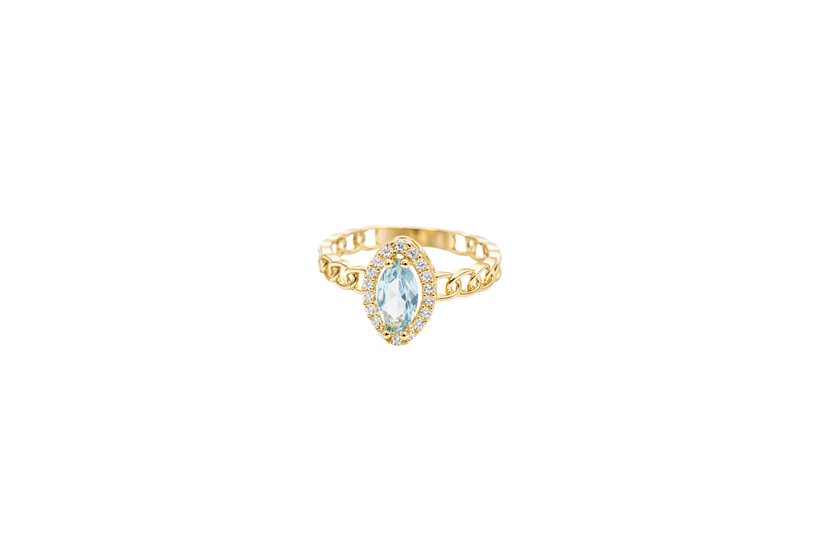 14KT Gold Ring Women's Marquise Light Blue Center Stone with White CZ Stone Border Chino Band