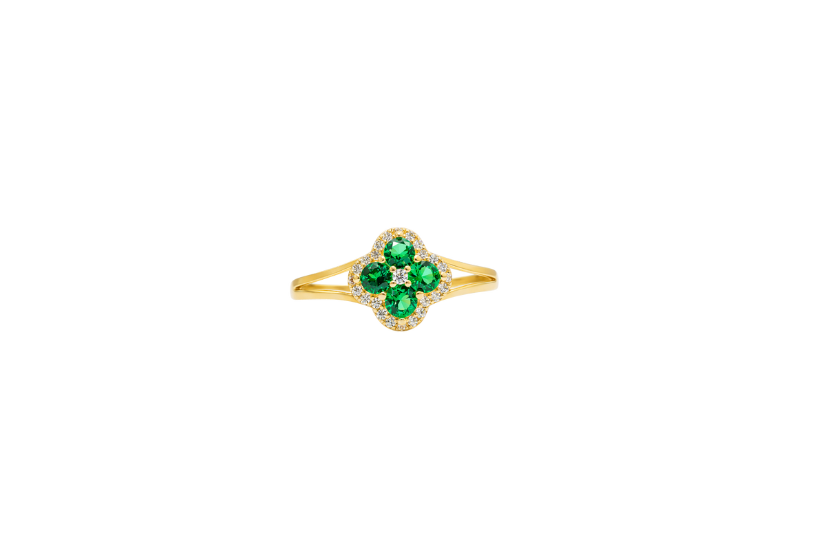 14KT Gold Ring Women's Mini Four Petal Flower Dark Green Petals with White CZ Center Stone and Border Plain Split Band