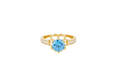 14KT Gold Ring Women's Round Aqua Blue CZ Center Stone Open Flower Heart Petals with White CZ Baguette Stone Band
