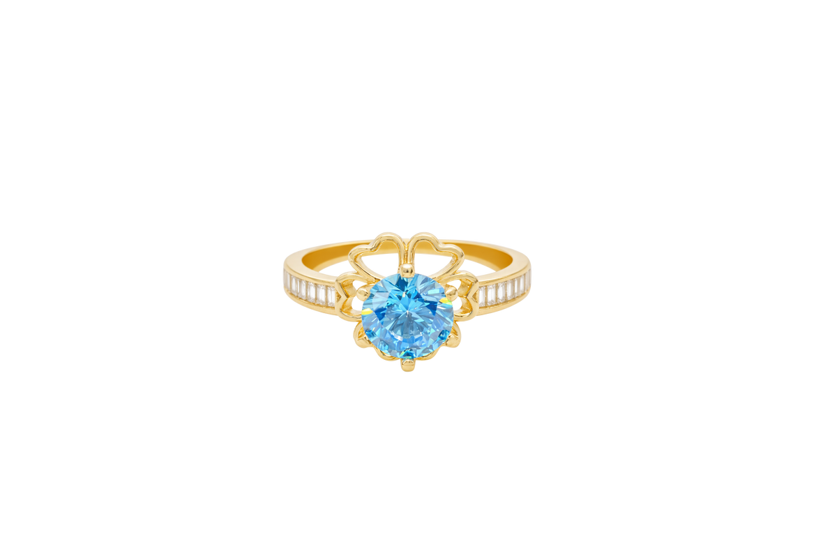 14KT Gold Ring Women's Round Aqua Blue CZ Center Stone Open Flower Heart Petals with White CZ Baguette Stone Band