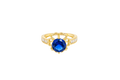 14KT Gold Ring Women's Round Navy Blue CZ Center Stone Open Flower Heart Petals with White CZ Baguette Stone Band