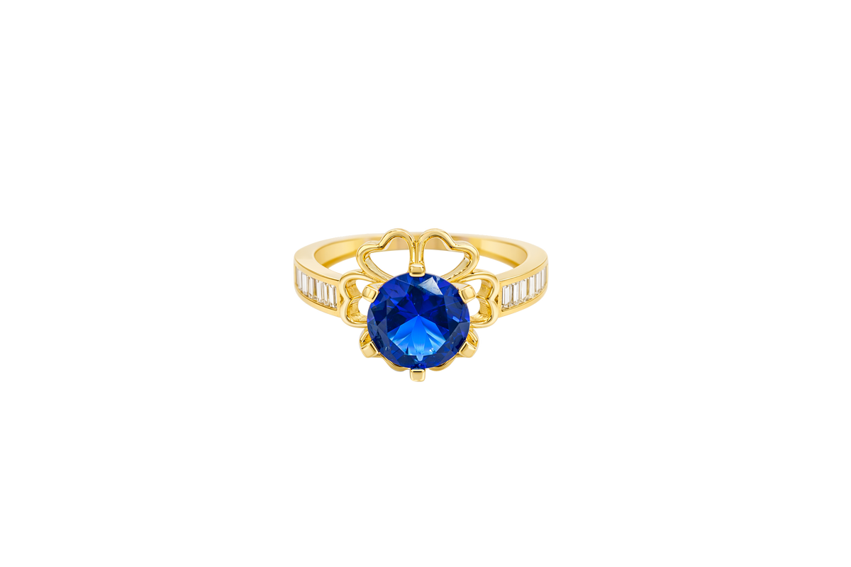 14KT Gold Ring Women's Round Navy Blue CZ Center Stone Open Flower Heart Petals with White CZ Baguette Stone Band