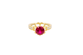 14KT Gold Ring Women's Round Red CZ Center Stone Open Flower Heart Petals with White CZ Baguette Stone Band