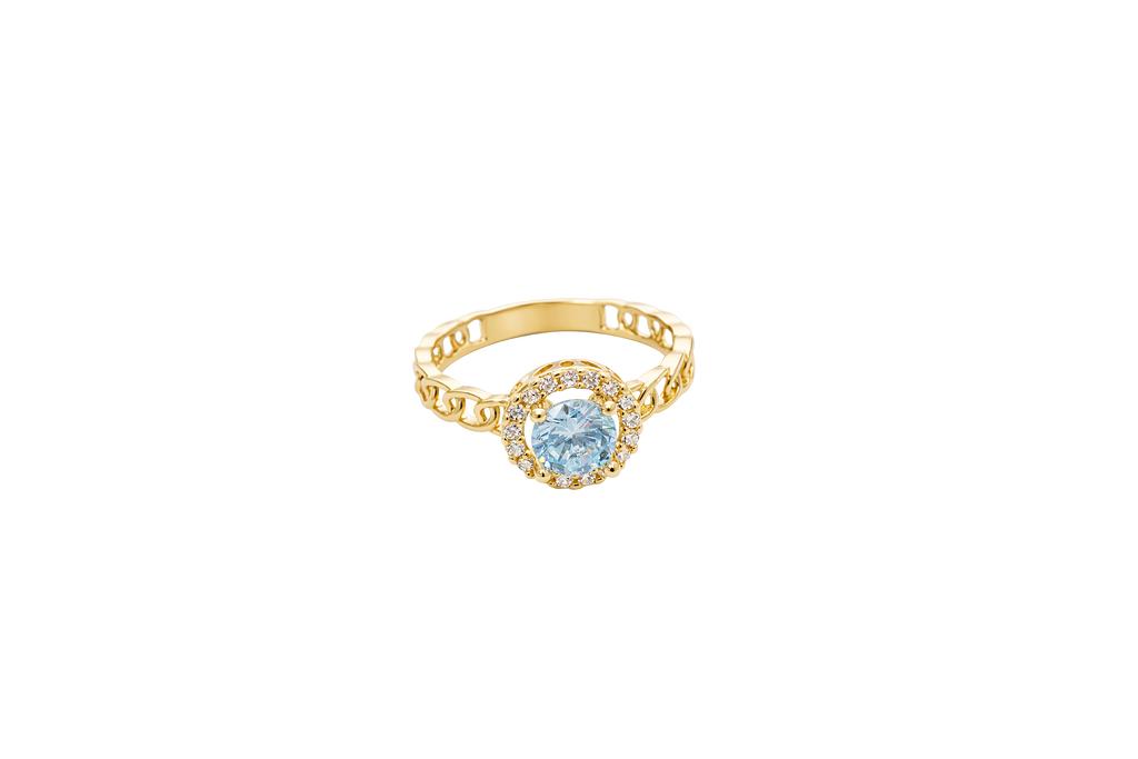 14KT Gold Ring Women's Round Light Blue Center with White CZ Stone Border Chino Link Band