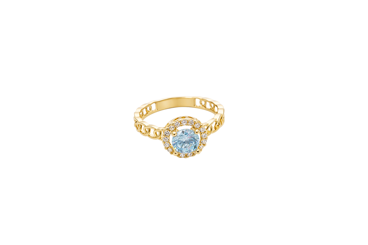 14KT Gold Ring Women's Round Light Blue Center with White CZ Stone Border Chino Link Band