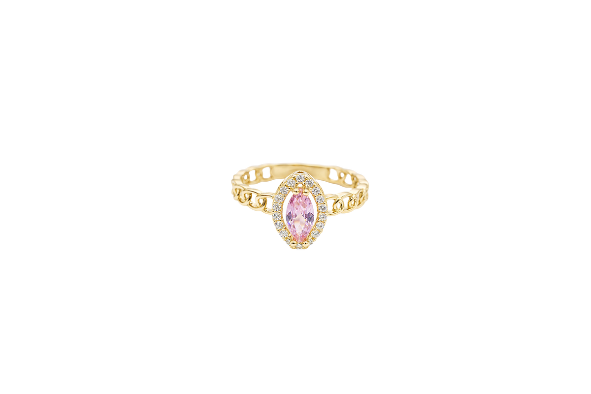 14KT Gold Ring Women's Marquise Pink Center Stone with White CZ Stone Border Chino Band