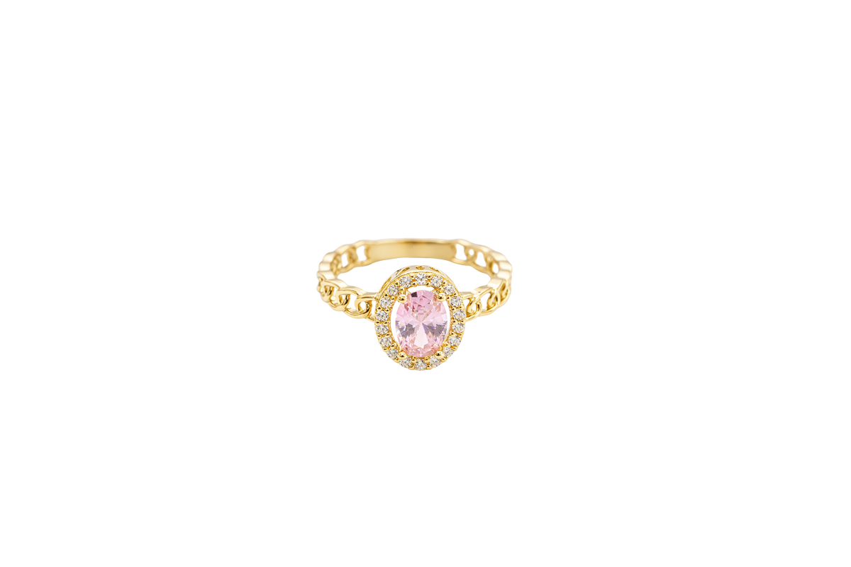 14KT Gold Ring Women's Oval Pink Center Stone with White CZ Stone Border Chino Band