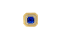 14KT Gold Women's Ring Navy Blue Square Center CZ Stone Double Platform Border of Round White CZ Stones Mock Link Border Plain Band