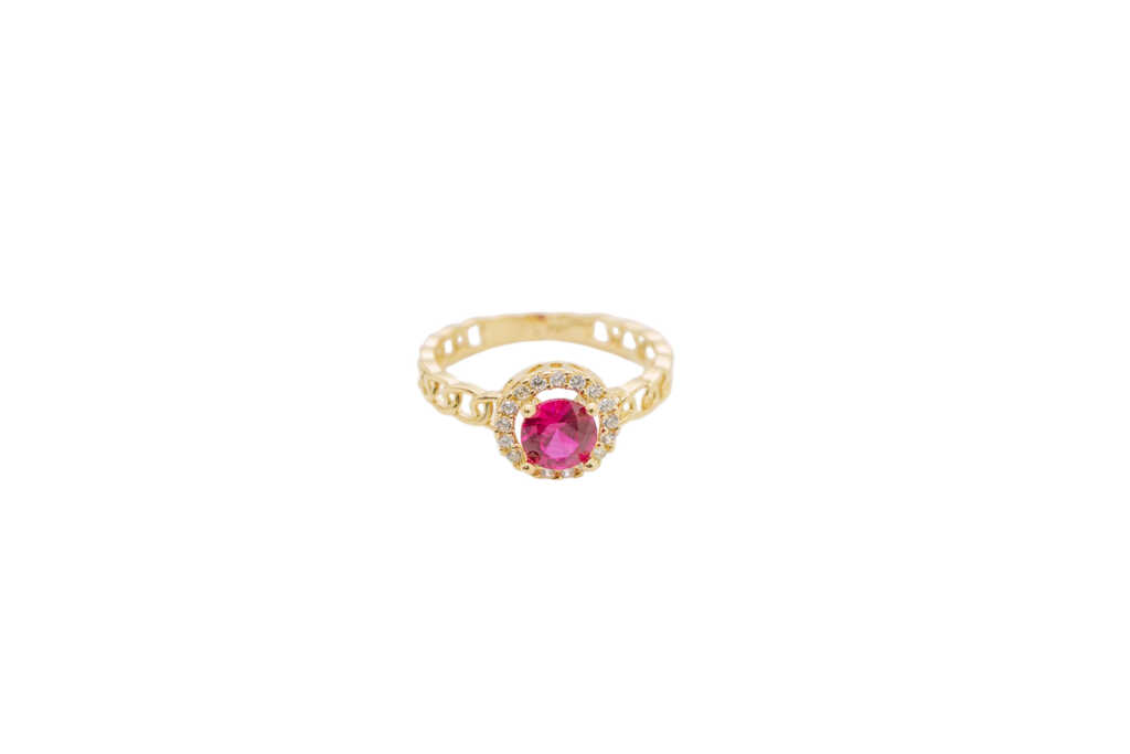 14KT Gold Women's Ring Round Red Center Stone with White CZ Stone Border Chino Band