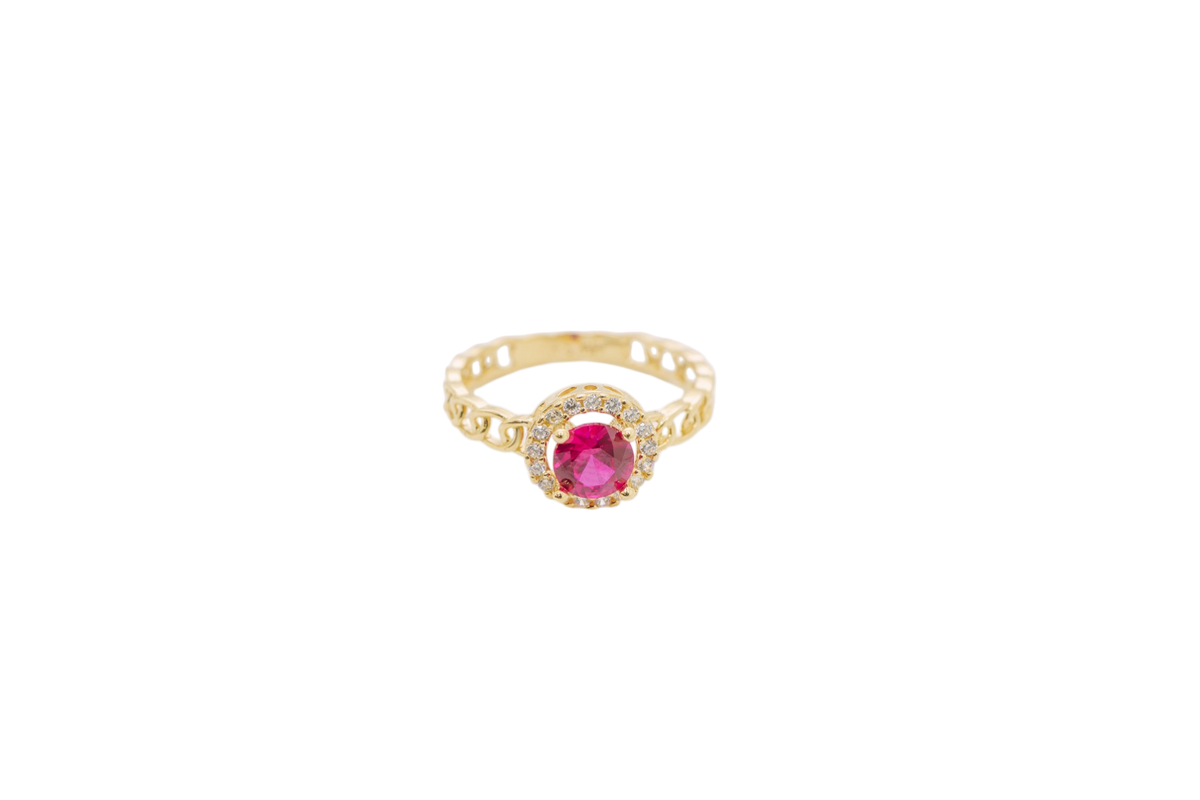 14KT Gold Women's Ring Round Red Center Stone with White CZ Stone Border Chino Band