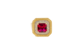 14KT Gold Ring Women's Red Square Center CZ Stone Double Platform Border of Round White CZ Stones Mock Link Border Plain Band
