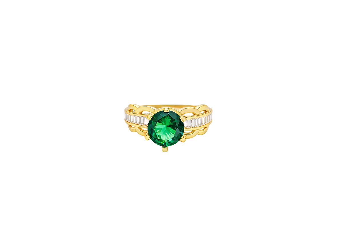 14KT Gold Ring Women's Round Dark Green 6 Prong Center CZ Scallop Border Baguette Band