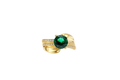 14KT Gold Ring Women's Round Dark Green CZ Center Stone Double White CZ Stone Band with Plain "S" Ribbon