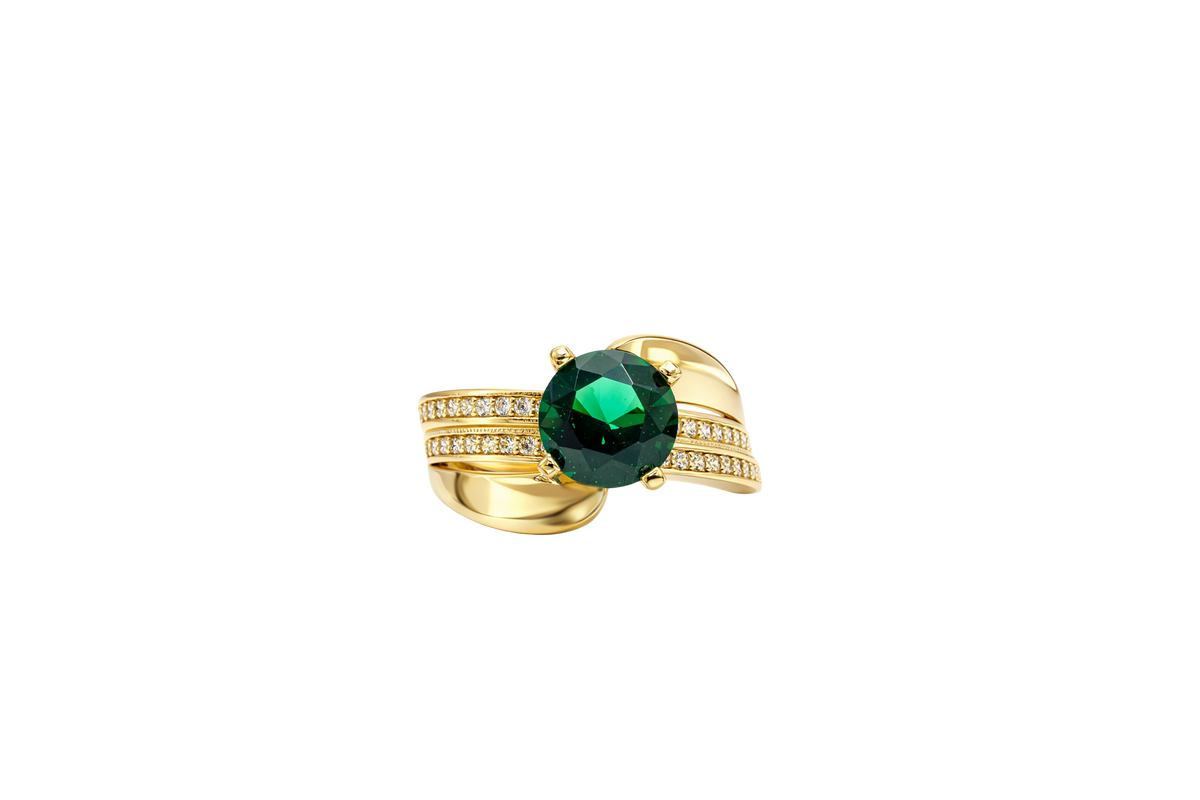 14KT Gold Ring Women's Round Dark Green CZ Center Stone Double White CZ Stone Band with Plain "S" Ribbon