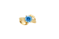 14KT Gold Ring Women's Round Light Blue CZ Center Stone Double White CZ Stone Band with Plain "S" Ribbon