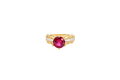 14KT Gold Ring Women's Round Red 6 Prong Center CZ Scallop Border Baguette Band