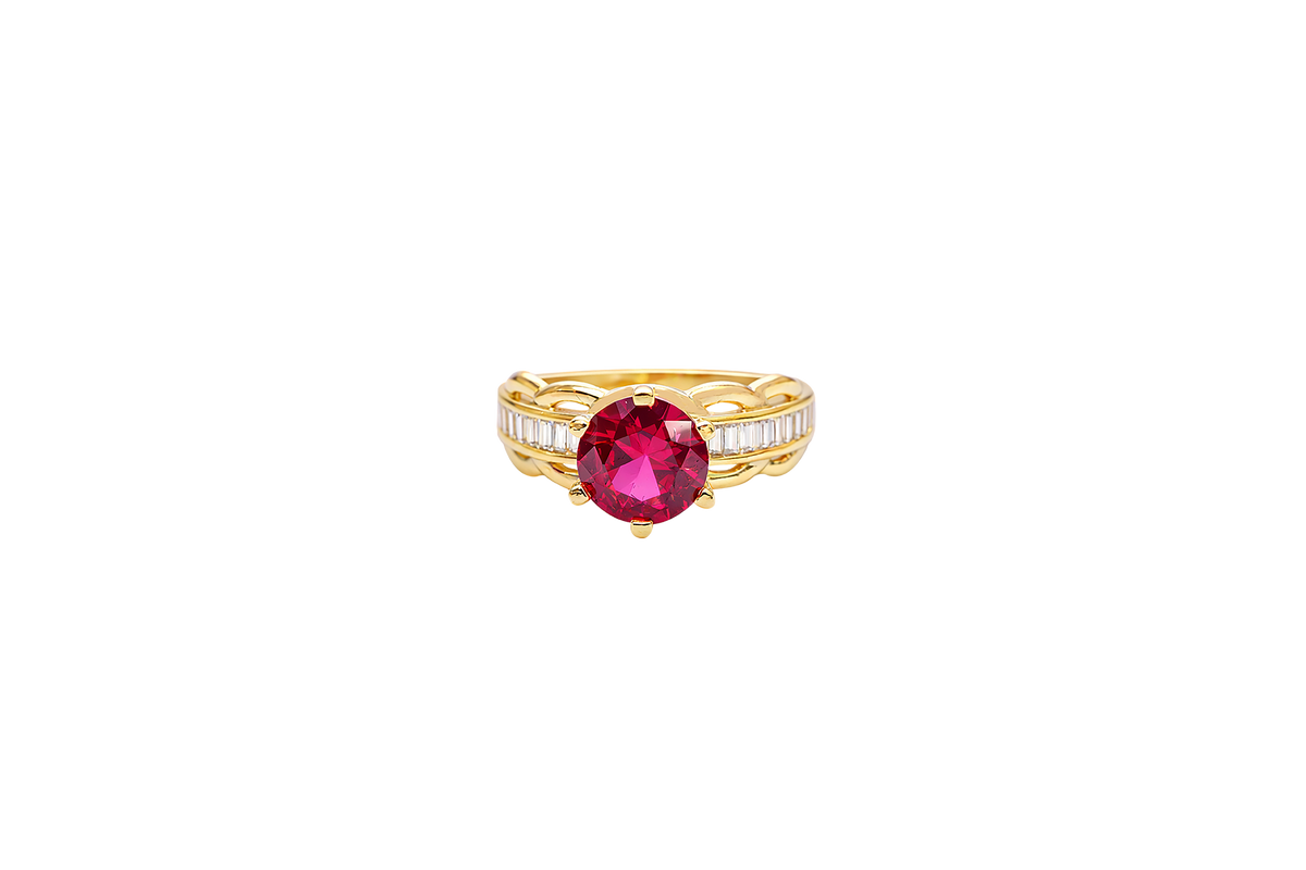 14KT Gold Ring Women's Round Red 6 Prong Center CZ Scallop Border Baguette Band