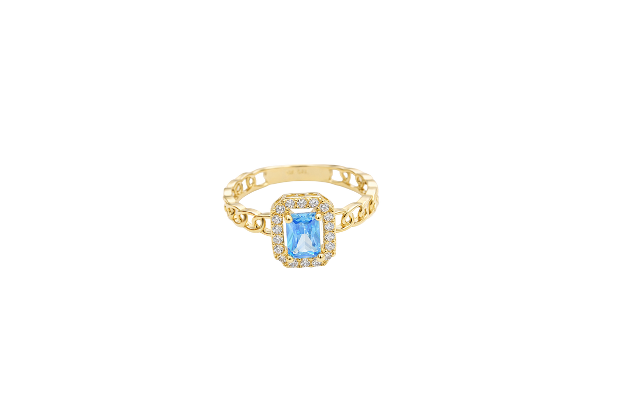 14KT Gold Ring Women's Rectangle Turquoise Center with White CZ Stone Border Chino Link Band