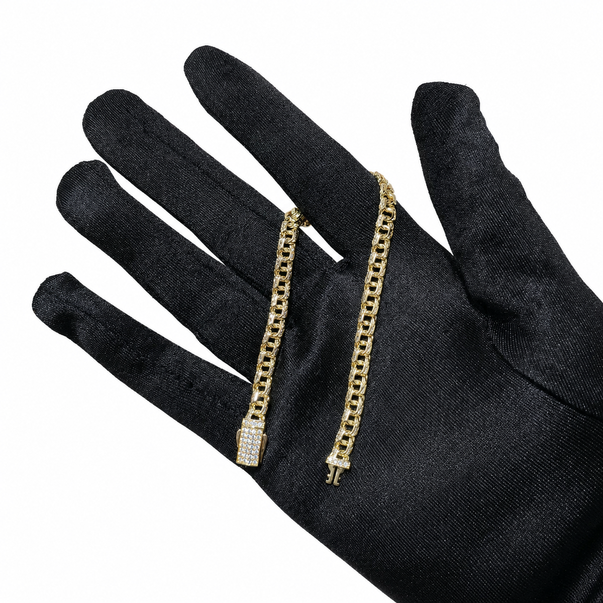 14KT Gold Bracelet Hollow Crown Chino Link with White CZ Stones and Plain Designer Style Lock 12mm
