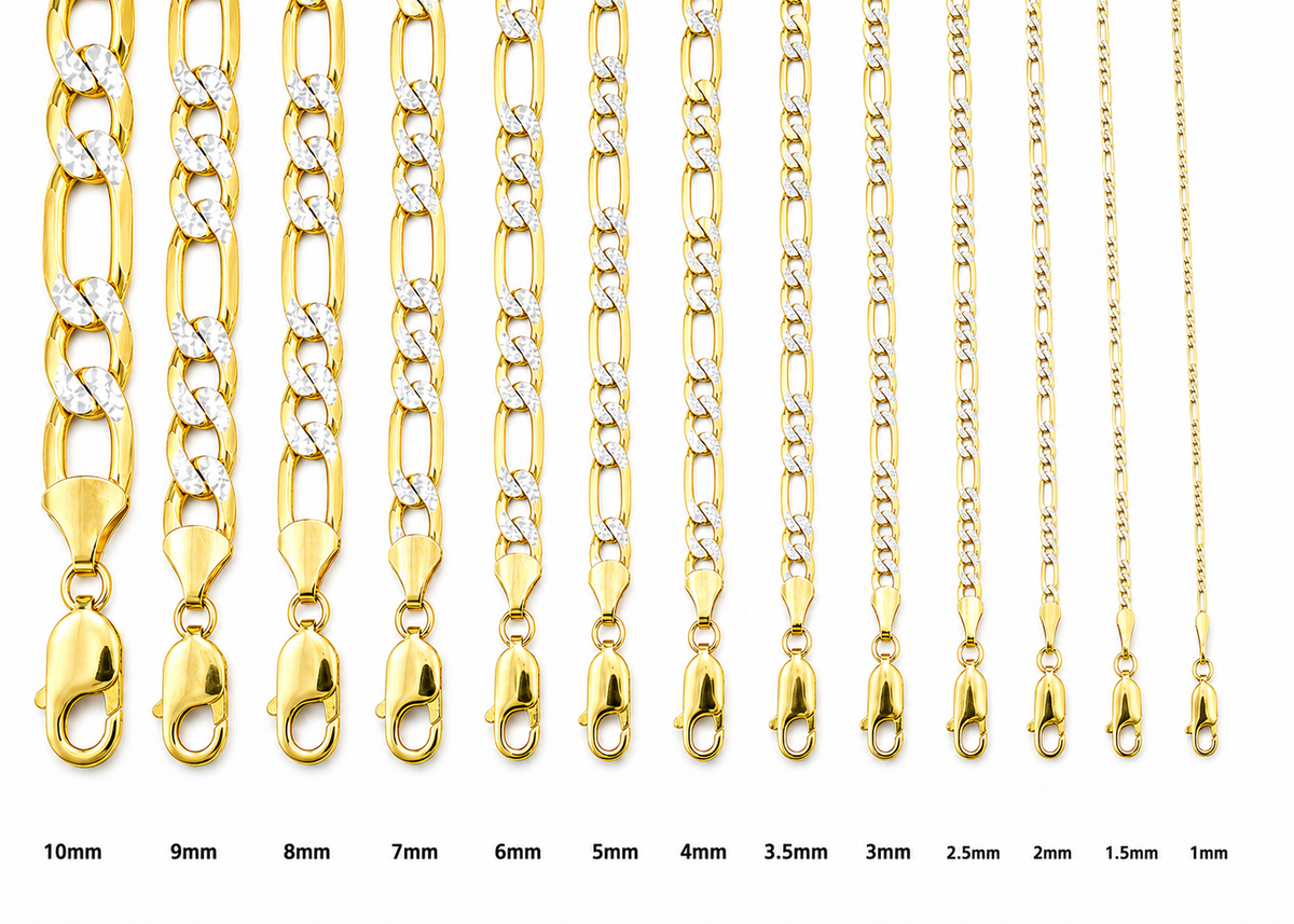 14KT Gold Chain Solid Figaro Pave 2mm
