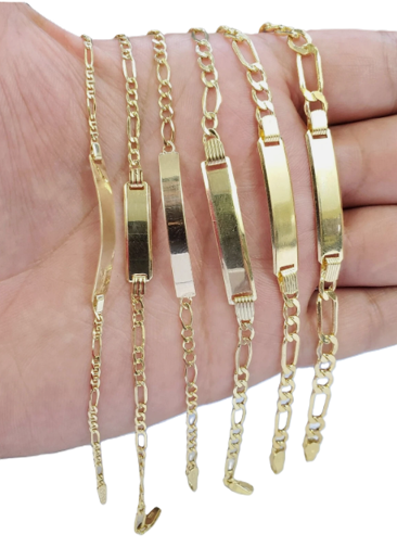14KT Gold Bracelet Solid Plain Figaro Band with Plain Name Plate 3mm