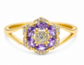 14KT Women's Gold Ring Flower Jumbo 6 Purple Oval Petals with Round White CZ Stones Center and White CZ Stone Leaf Outline Border and Plain Split Band