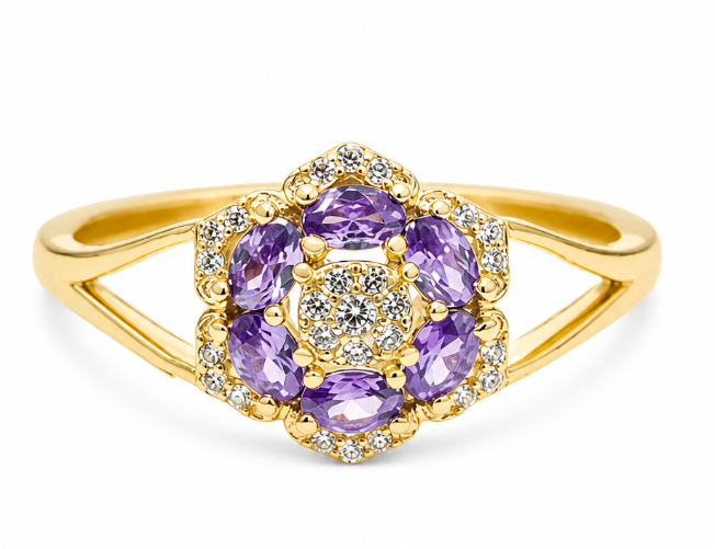 14KT Women's Gold Ring Flower Jumbo 6 Purple Oval Petals with Round White CZ Stones Center and White CZ Stone Leaf Outline Border and Plain Split Band