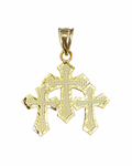 14KT Gold Charm Small Triple Diamond Cut Gothic Cross with Plain Diamond Cut Border and Plain Bell