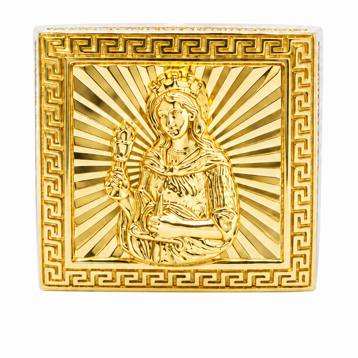 14KT Gold Ring Men's Square St Clare Sunray Background Greek Border Double Row White CZ Stones Edge Border Plain Band