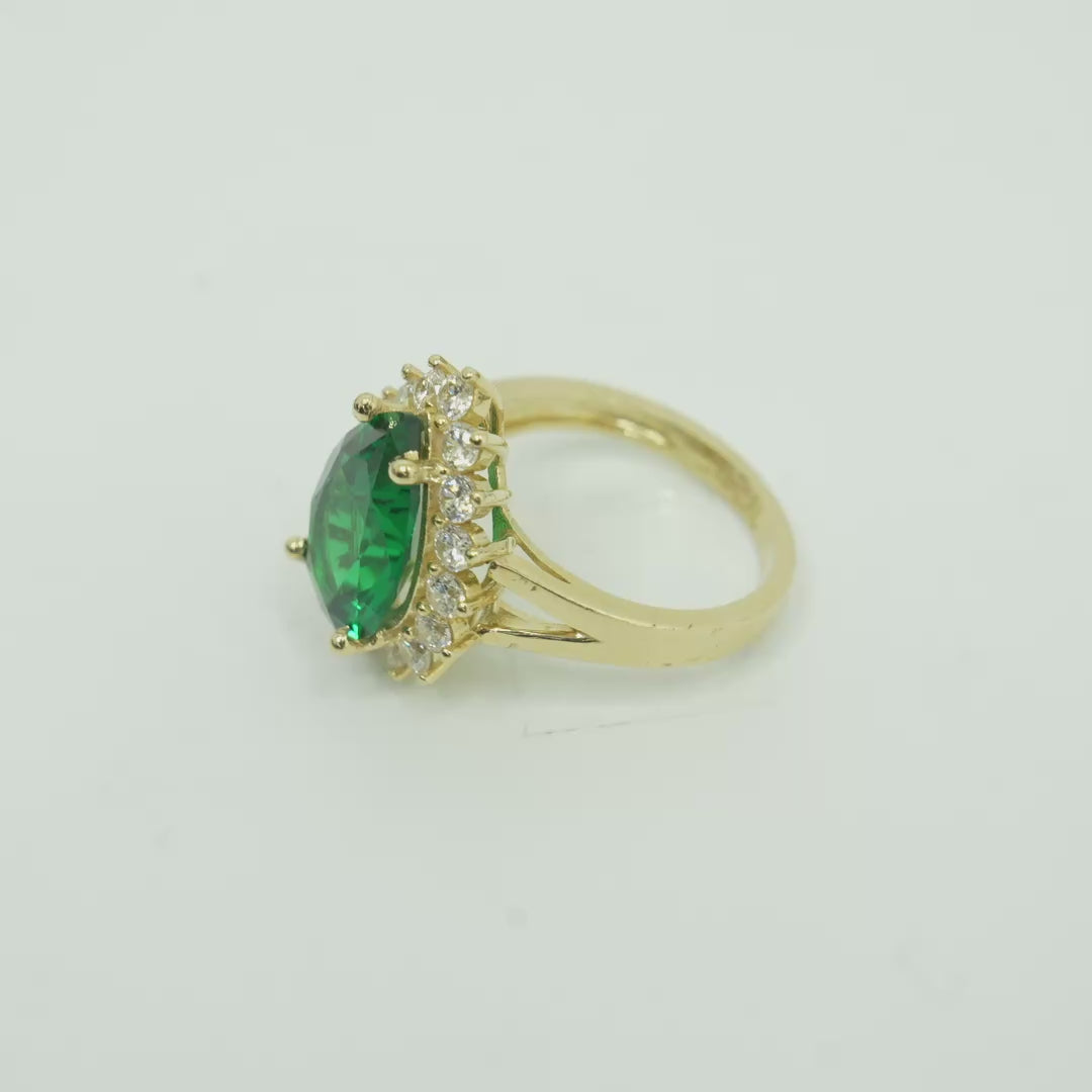 14KT Women's Gold Ring Jumbo Pear Dark Green Center with Round White CZ Stones Border Plain Split Band