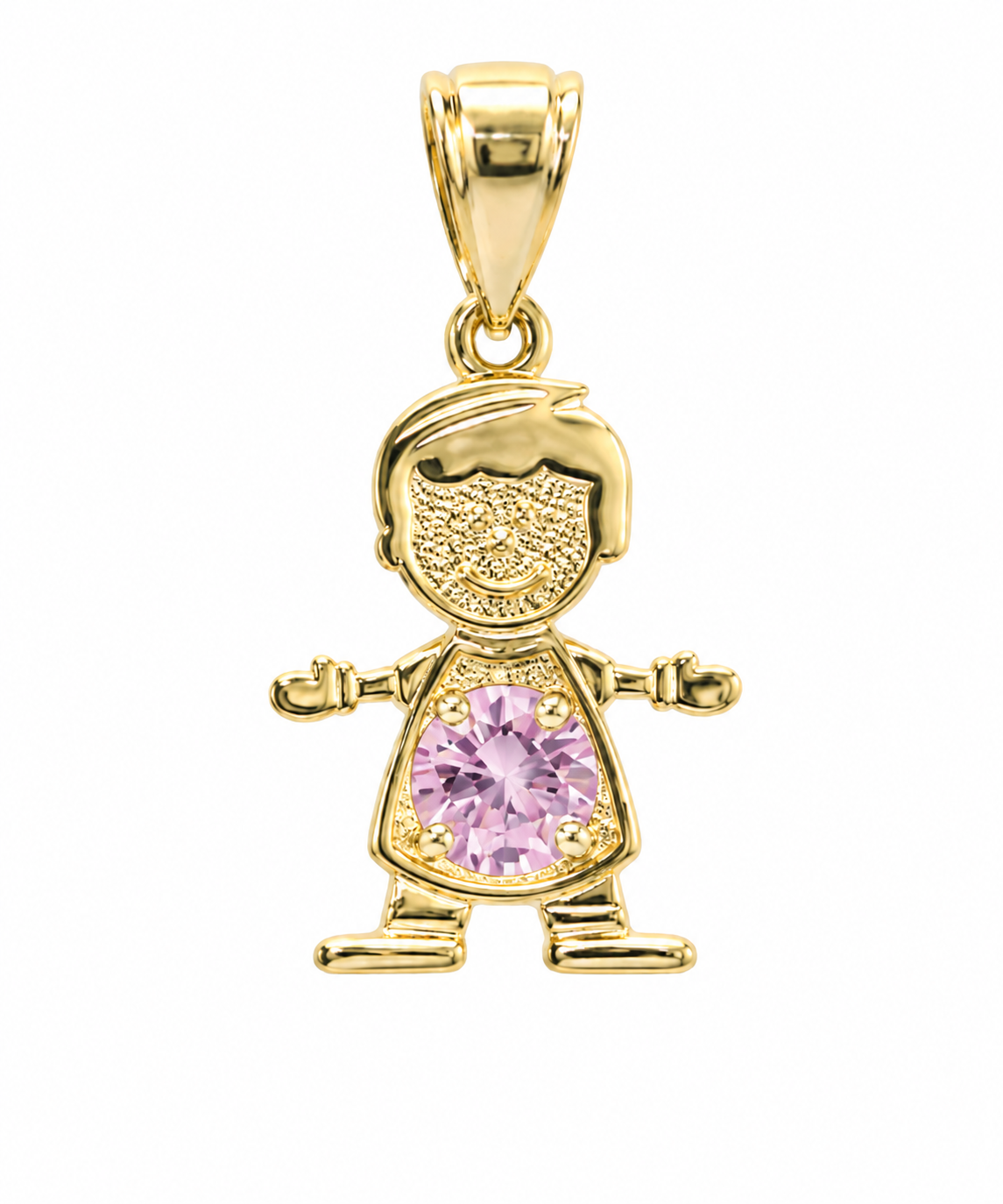 14KT Gold Charm Boy with Pink CZ Stone Belly and Plain Bell