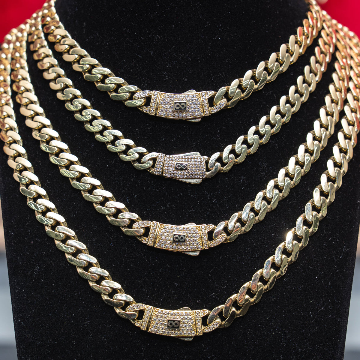 14KT Gold Chain Hollow Crown Miami Link with Infinity Emblem on White CZ Stones Designer Clasp 9mm