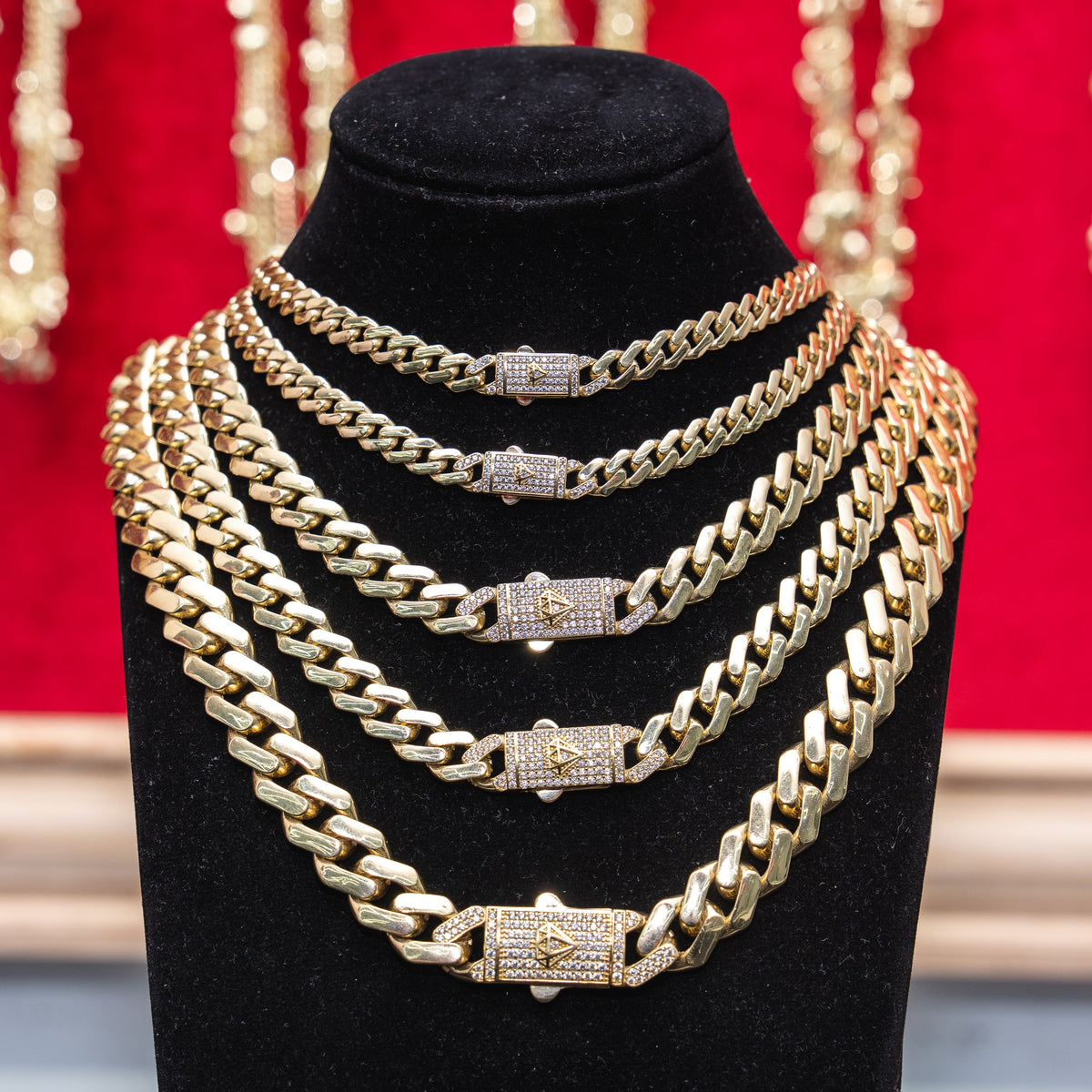 14KT Gold Chain Hollow Crown Miami Link with Diamond Shape Emblem on White CZ Stones Designer Clasp 9mm
