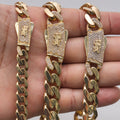 14KT Gold Chain Hollow Crown Miami Link with Lion Shape Emblem on White CZ Stones Designer Clasp 13mm