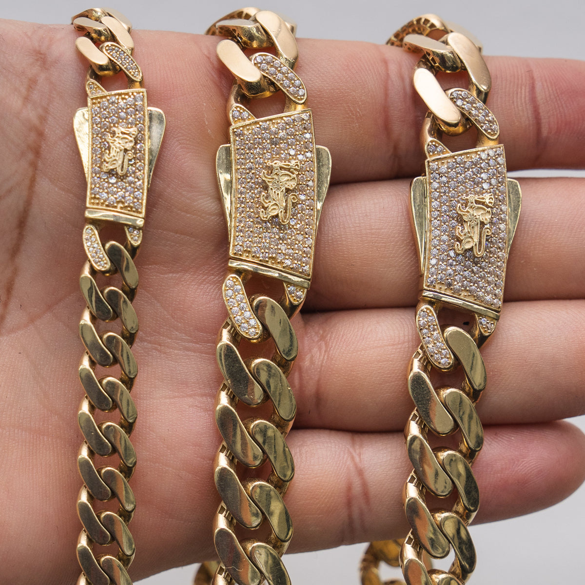 14KT Gold Chain Hollow Crown Miami Link with Lion Shape Emblem on White CZ Stones Designer Clasp 13mm