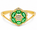14KT Women's Gold Ring Flower Jumbo 6 Dark Green Oval Petals with Round White CZ Stones Center and White CZ Stone Leaf Outline Border and Plain Split Band