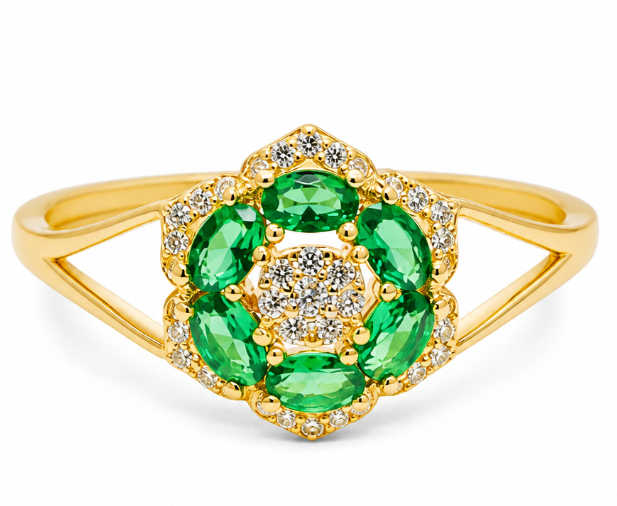 14KT Women's Gold Ring Flower Jumbo 6 Dark Green Oval Petals with Round White CZ Stones Center and White CZ Stone Leaf Outline Border and Plain Split Band