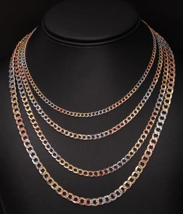 14KT Gold Chain Solid Diamond Cut Tri Tone Curb 7mm