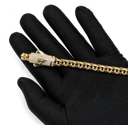 14KT Gold Bracelet Hollow Crown Chino with White CZ Stones and Plain Diamond Shape Emblem on Designer Style Lock 7mm