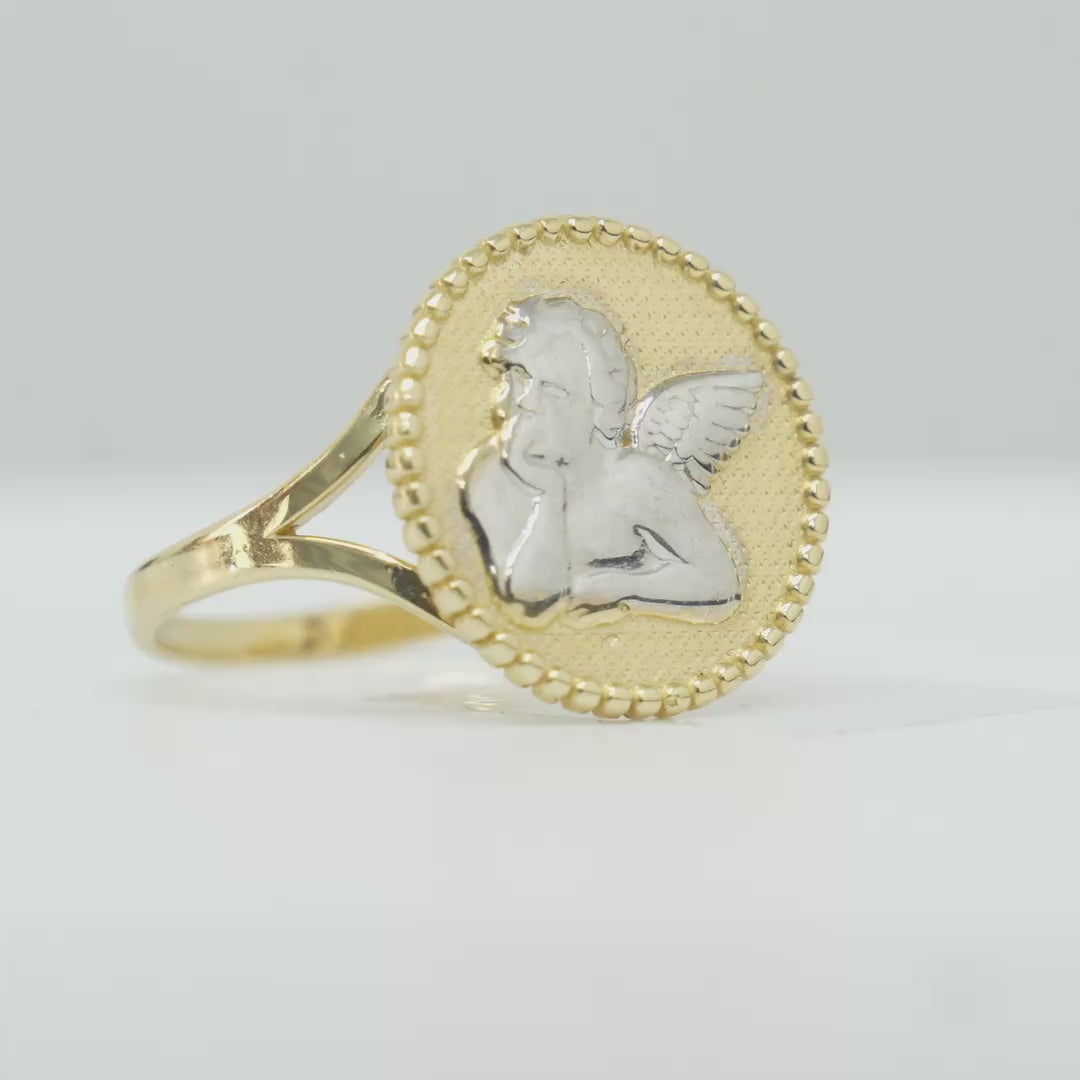 14KT Gold Ring Women's Round Light Blue Center with White CZ Stone Border Chino Link Band