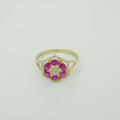 14KT Women's Gold Ring Flower Jumbo 6 Dark Pink Oval Petals with Round White CZ Stones Center and White CZ Stone Leaf Outline Border and Plain Split Band