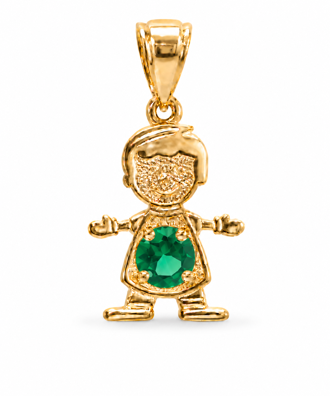 14KT Gold Charm Boy with Green CZ Stone Belly and Plain Bell