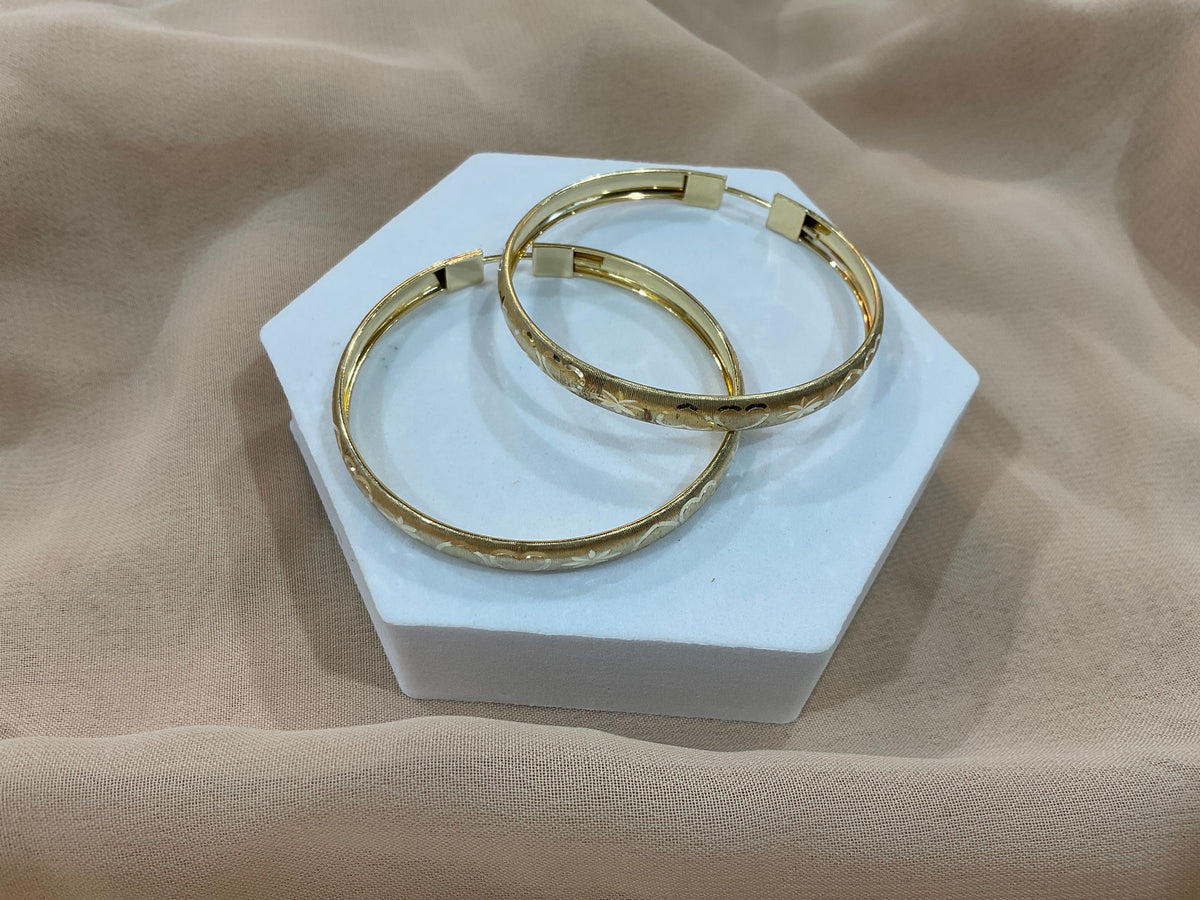14k Gold 1.5” Heart Engraved Hoop Earrings