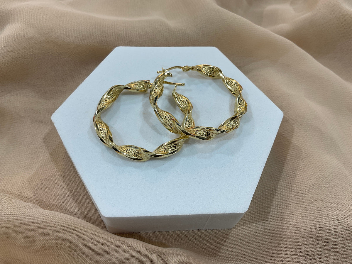 14k Gold 1in Twisted Greek Key Tube Hoops