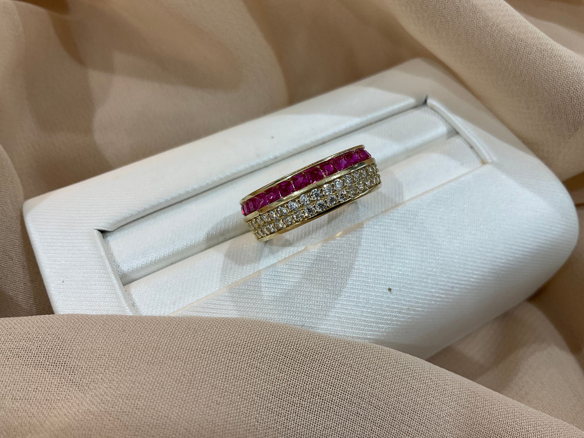 14k Gold Three Row Round Ruby CZ Ring