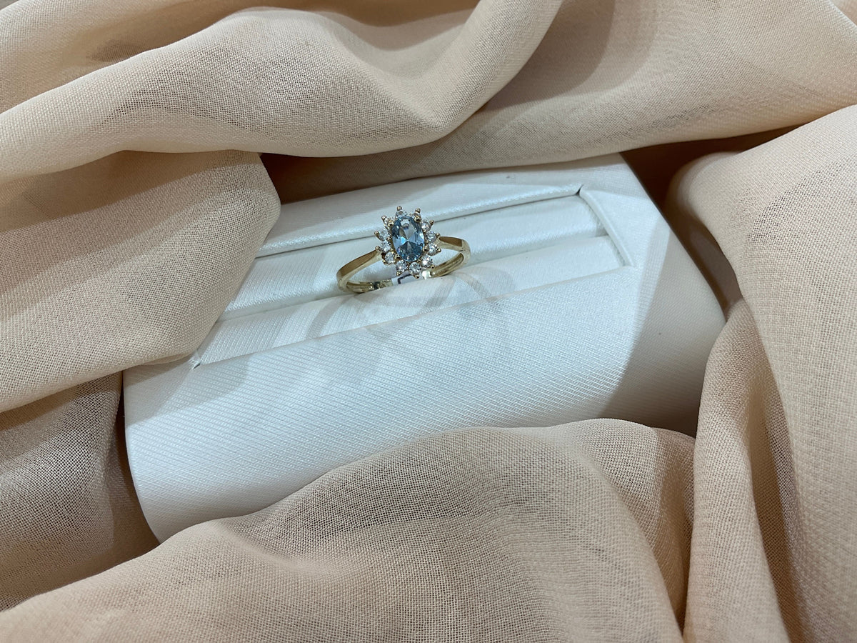 10k Gold Aquamarine Halo Lotus Flower Ring