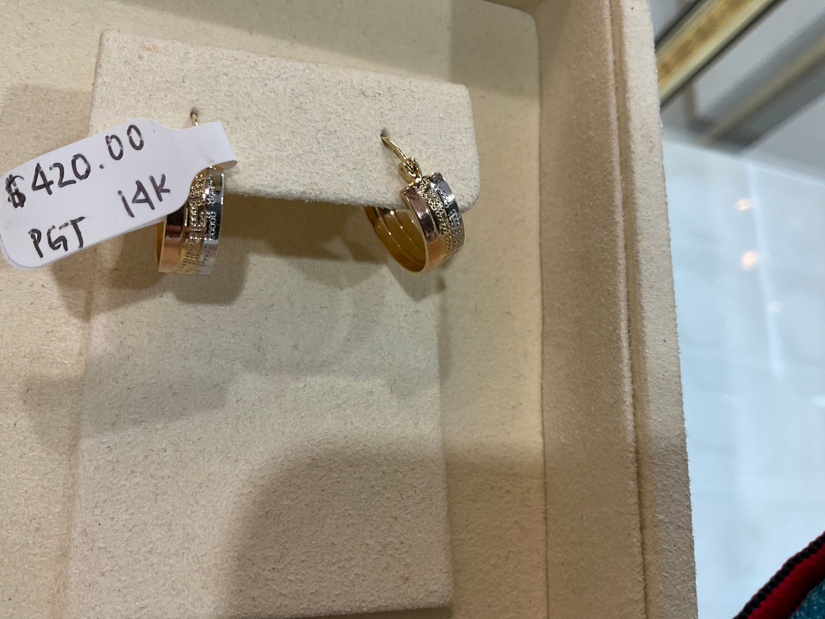 14K Gold Tri-Color Versace Pattern Hoops