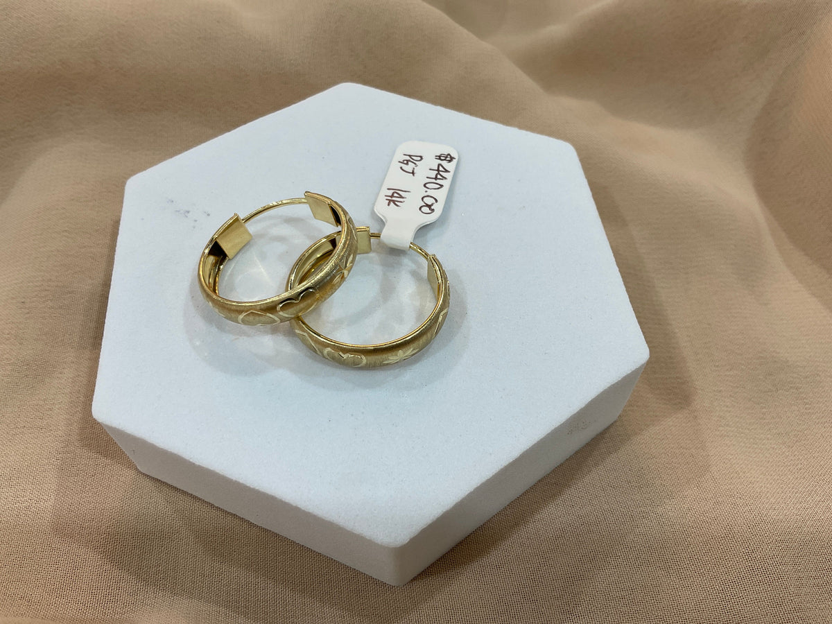 14k Gold .5” Heart Engraved Hoop Earrings